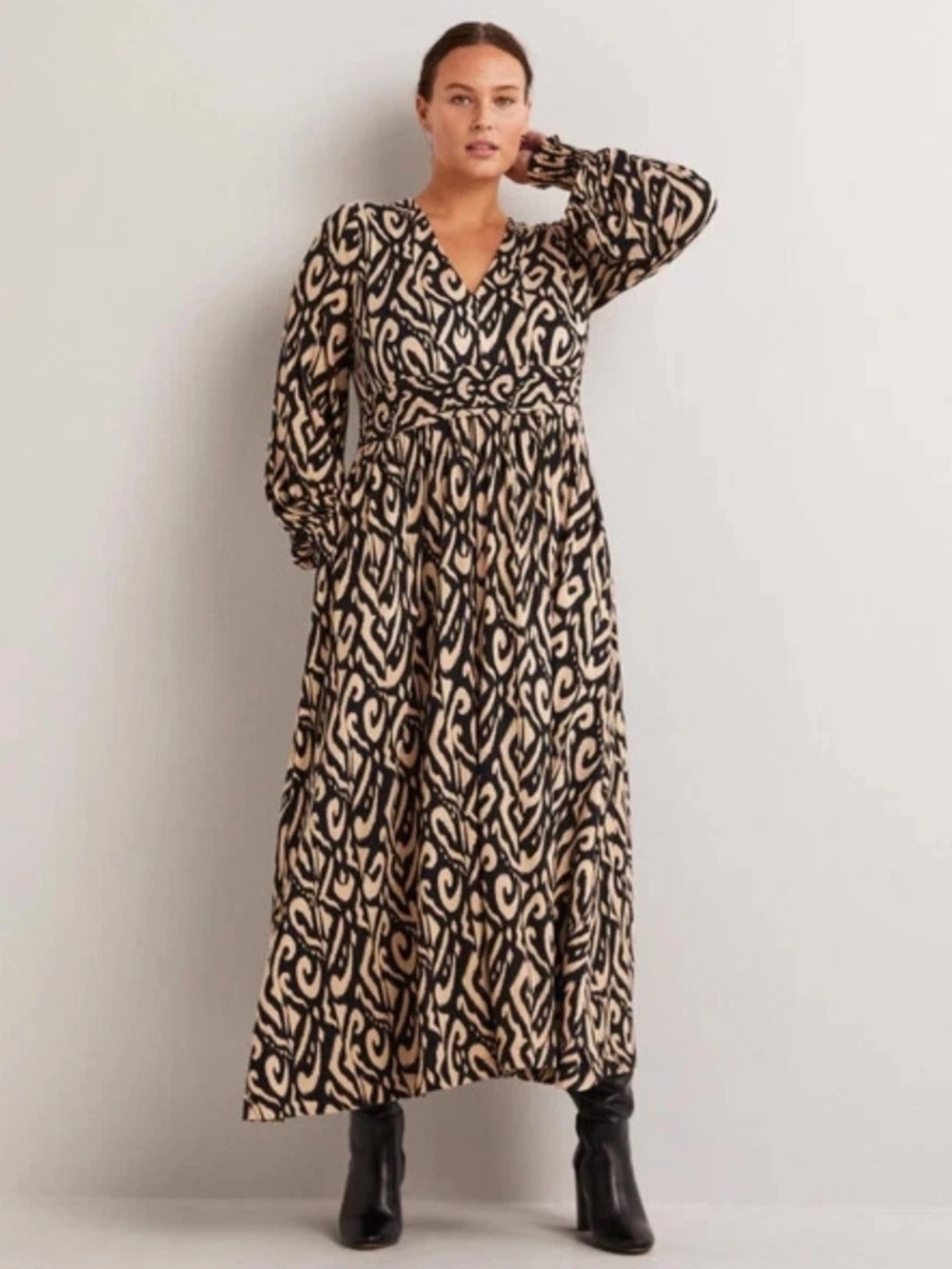 NWT Boden Amelie Dress Womens 12L Black Tan Abstract Print Long Sleeve Maxi